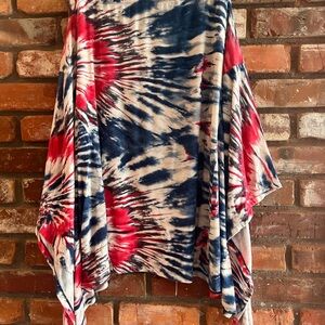 COIN 1804 Tie Dye Skirt Large‎ Red White Blue Asymmetrical Hem Rayon